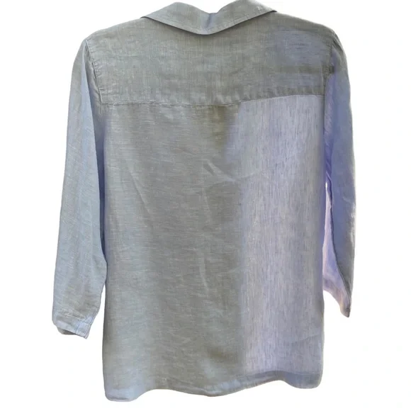 Tahari Blue 100% Linen V-neck Top Shell Button Detail 3/4 Sleeves EUC Size L - Picture 3 of 6